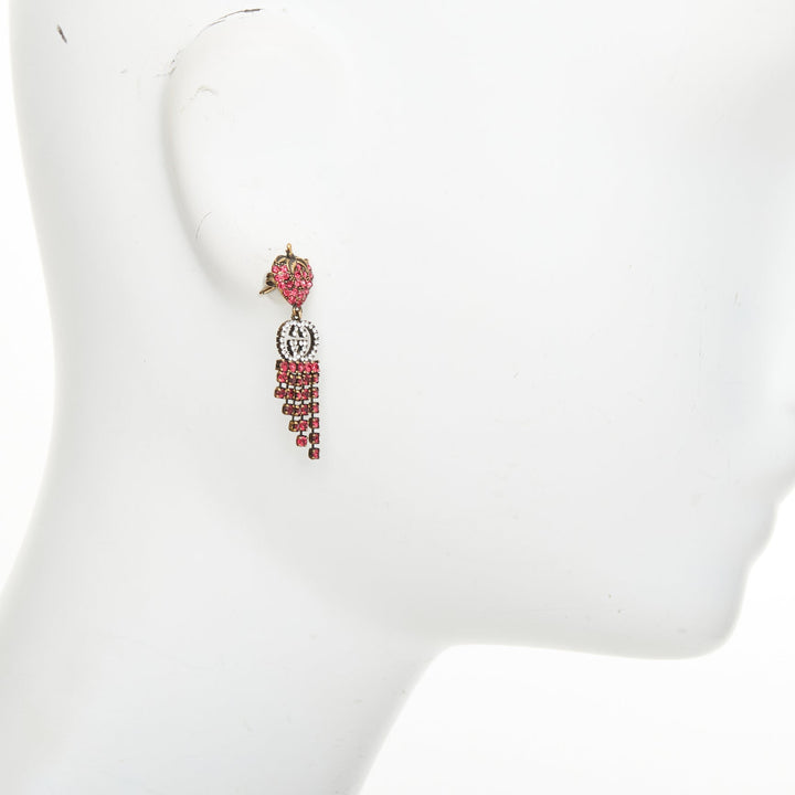 GUCCI 2019 GG crystal strawberry pink rhinestone tiered fringe earrings Pair
