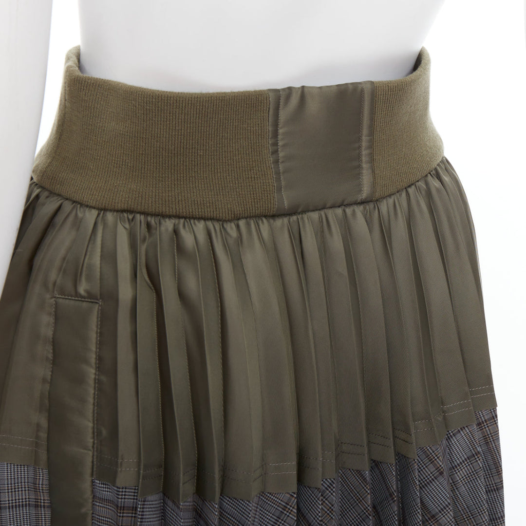 SACAI 2022 khaki nylon grey checkered contrast pleated midi skirt JP2 M