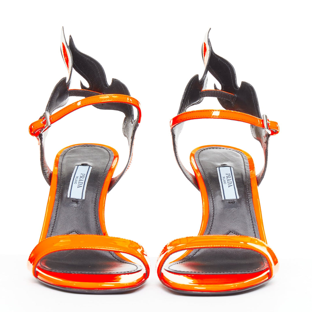 PRADA 2018 Flame fluorescent neon orange patent Fire mid heel sandal EU36.5