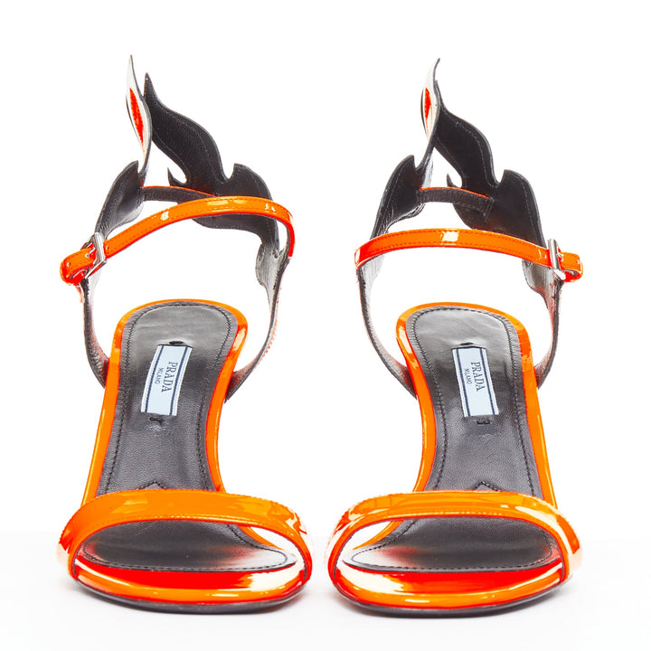 PRADA 2018 Flame fluorescent neon orange patent Fire mid heel sandal EU36.5