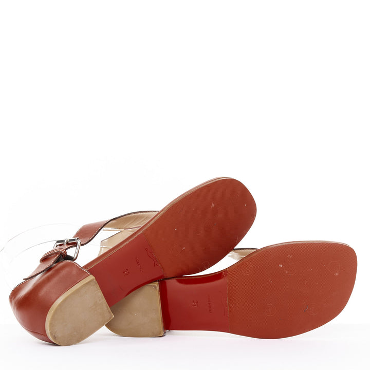 CHRISTIAN LOUBOUTIN brown leather tstrap silver buckles thong sandals EU37