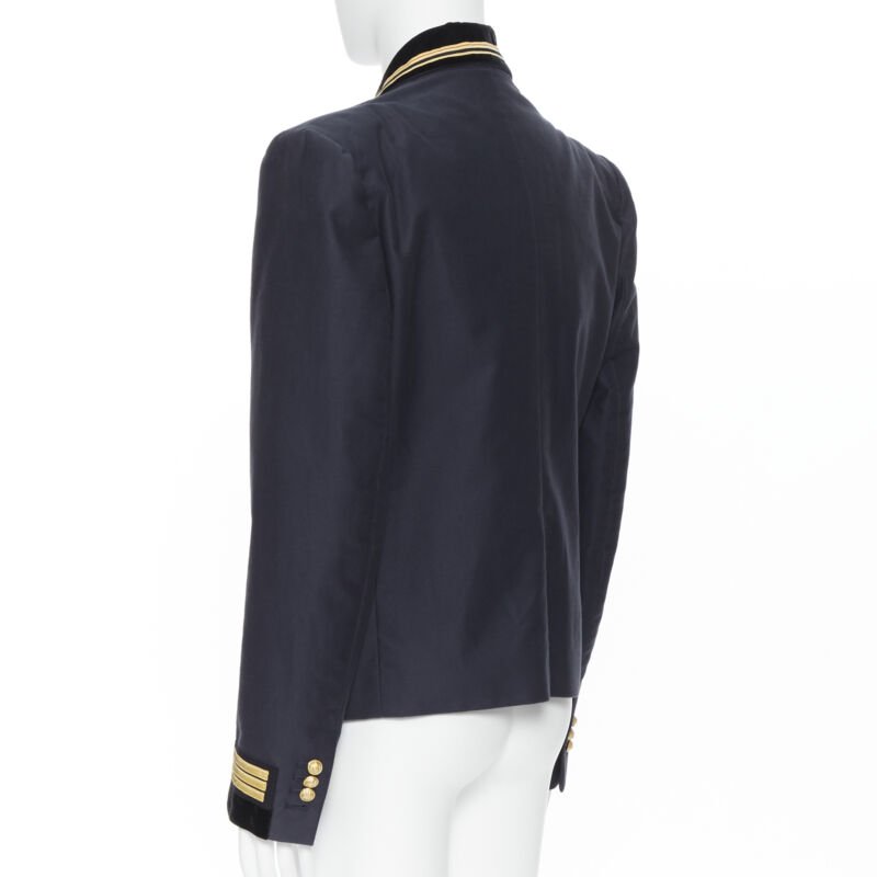 BALMAIN navy cotton velvet military shawl collar double breasted jacket EU52