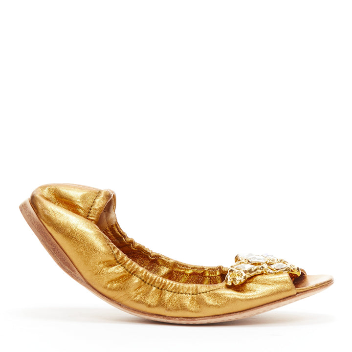 MIU MIU metallic gold crystal jewel open toe ballerina flats EU37