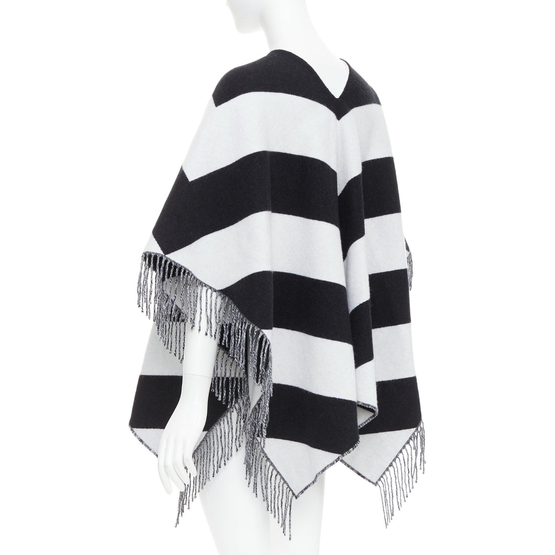 VALENTINO black white stripes logo double layer poncho scarf top