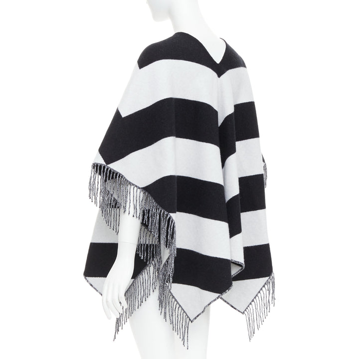 VALENTINO black white stripes logo double layer poncho scarf top