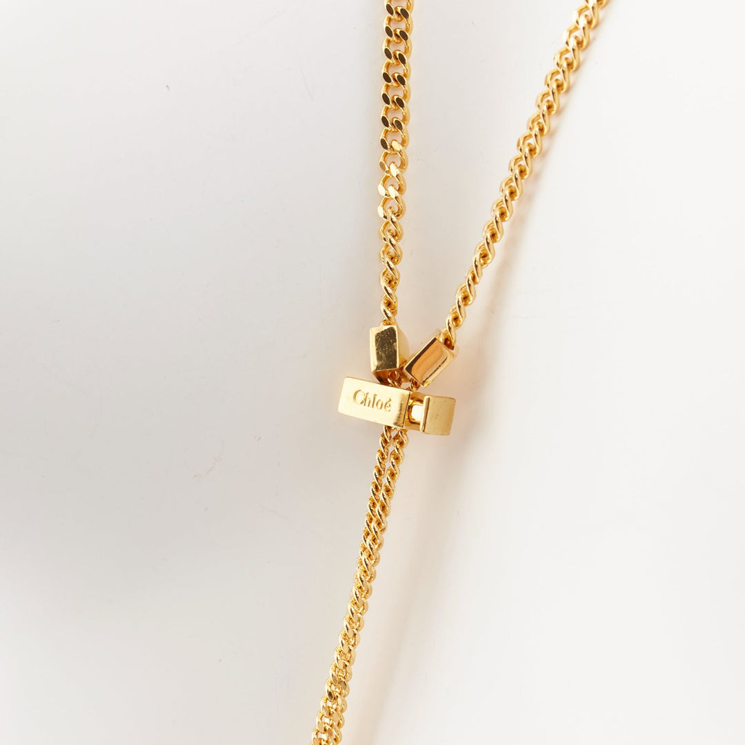 CHLOE Nicole brown leather gold Happy key chain bag charm long necklace