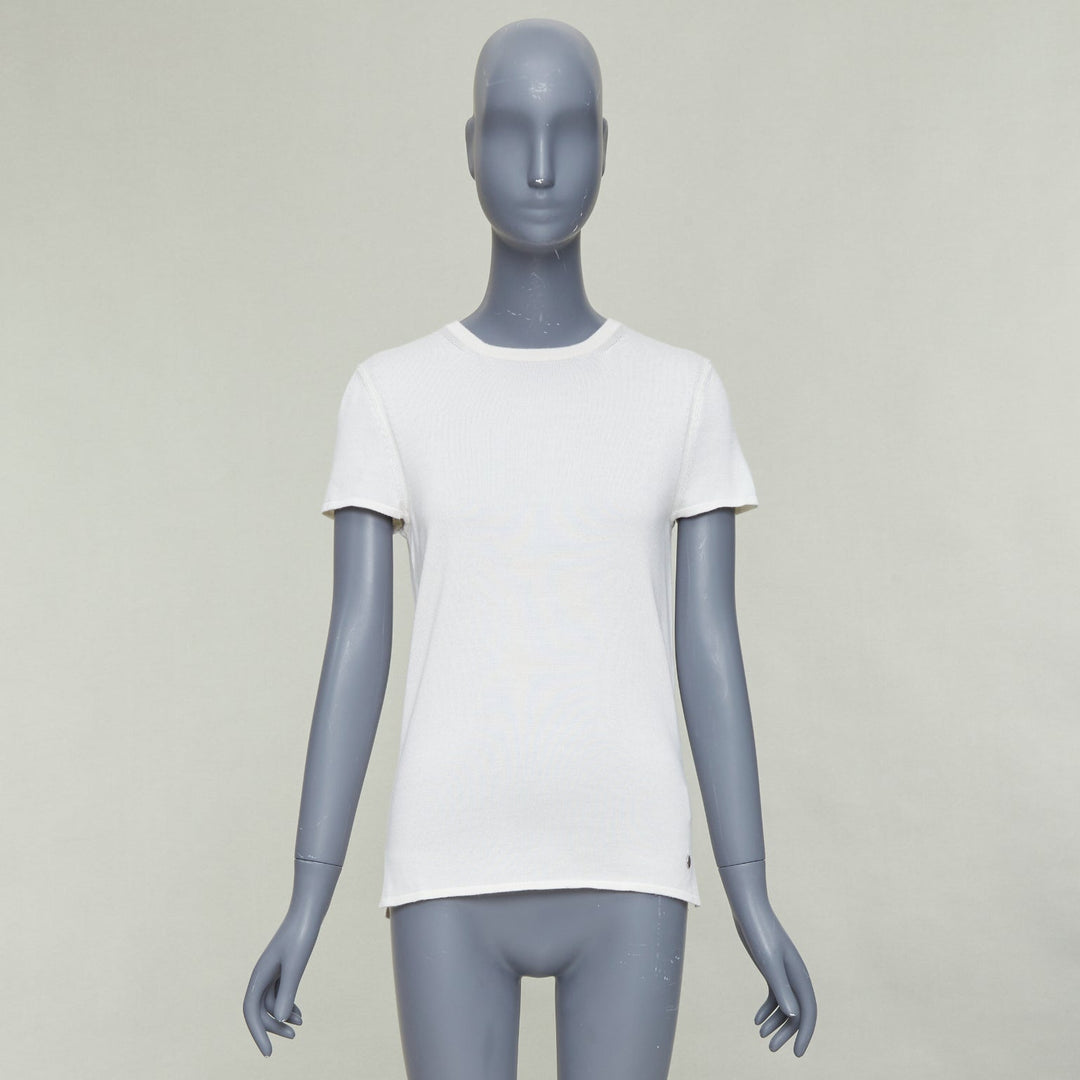HERMES beige cashmere silk silver H charm short sleeve pullover sweater FR36 S
