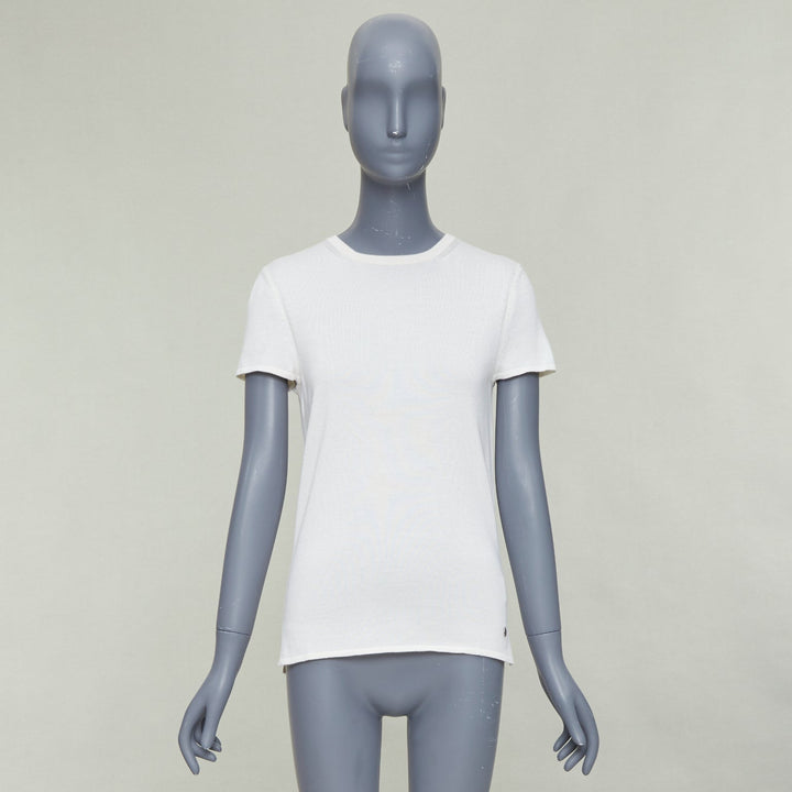 HERMES beige cashmere silk silver H charm short sleeve pullover sweater FR36 S