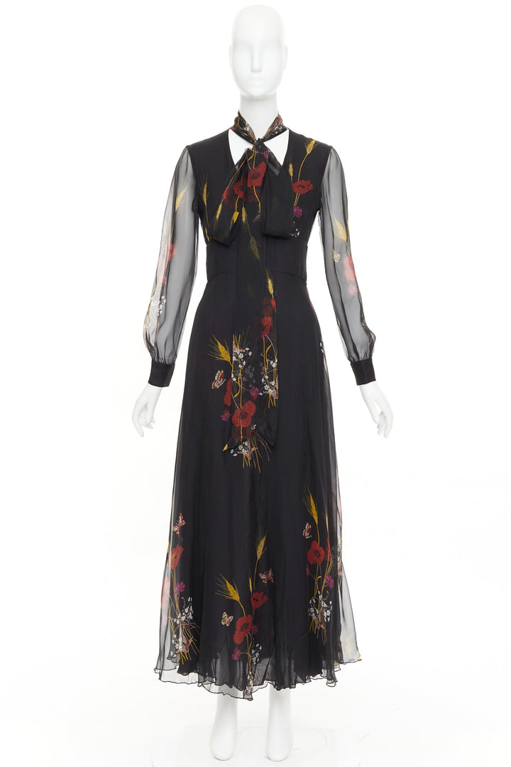 VALENTINO 2019 100% silk black Poppy Meadow chiffon tie neck midi dress IT40 S