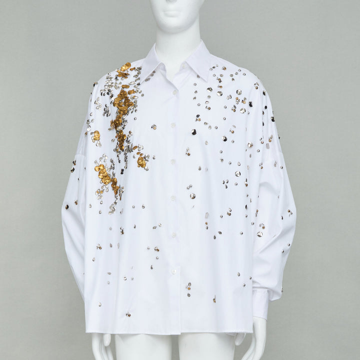 DRIES VAN NOTEN 2024 Casia white gold sequin bead embellished cotton shirt M
