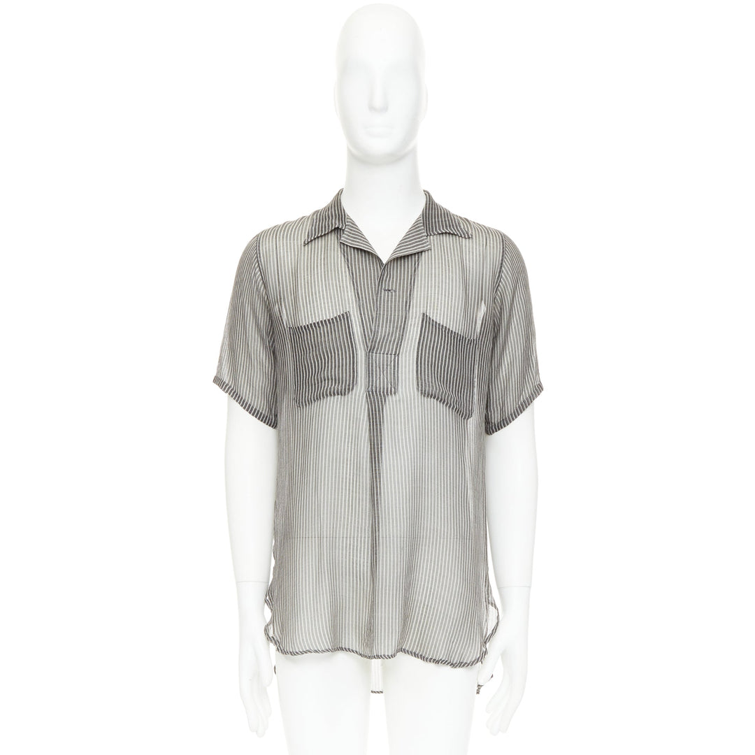 DRIES VAN NOTEN grey off white sheer striped buttoned polo shirt IT48 M