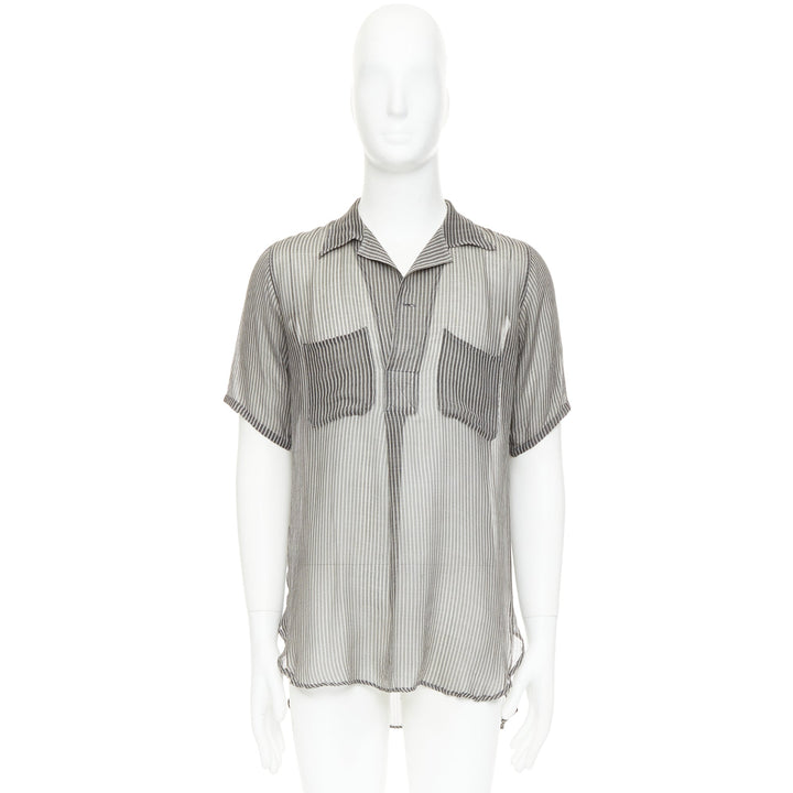 DRIES VAN NOTEN grey off white sheer striped buttoned polo shirt IT48 M