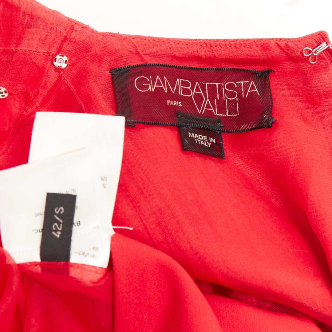 GIAMBATTISTA VALLI red viscose silk sheer tulle lined fit flare dress IT42 M