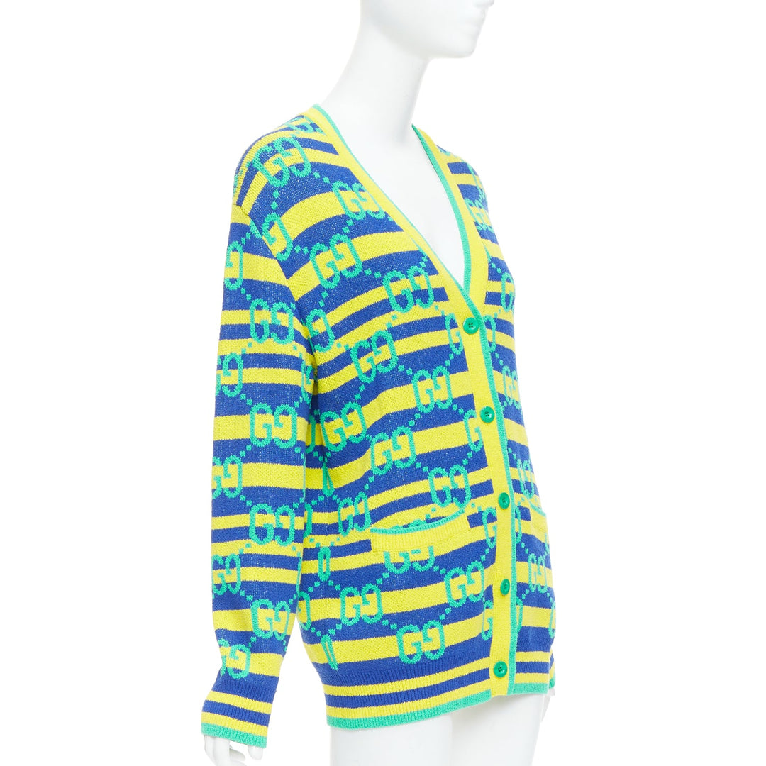 GUCCI green yellow blue GG monogram stripe cardigan XS