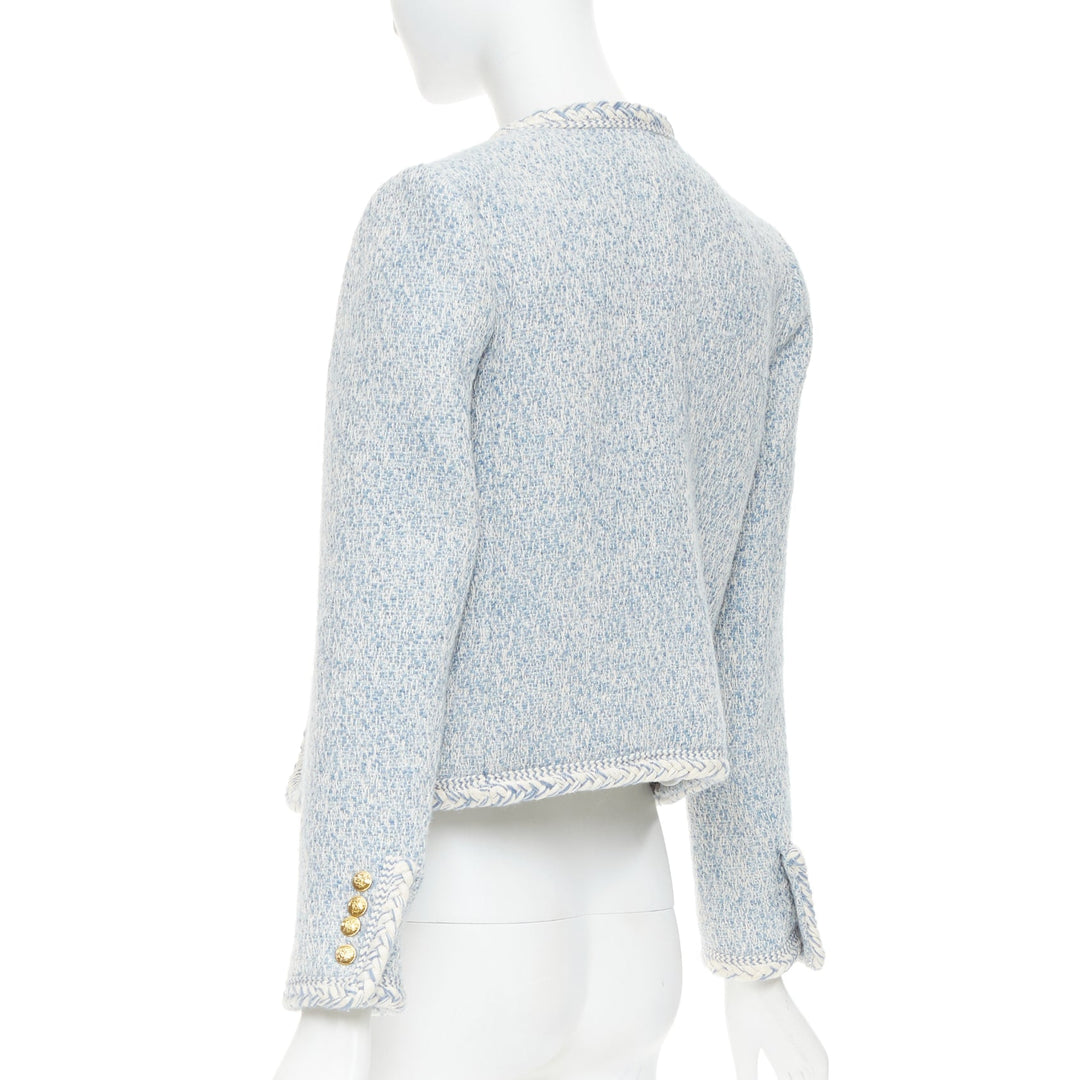 CELINE 2023 baby blue white wool cotton boucle tweed trim jacket FR36 S