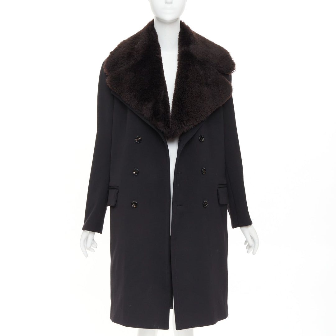 BOTTEGA VENETA Daniel Lee black wool brown lamb shearling collar  coat IT44 L