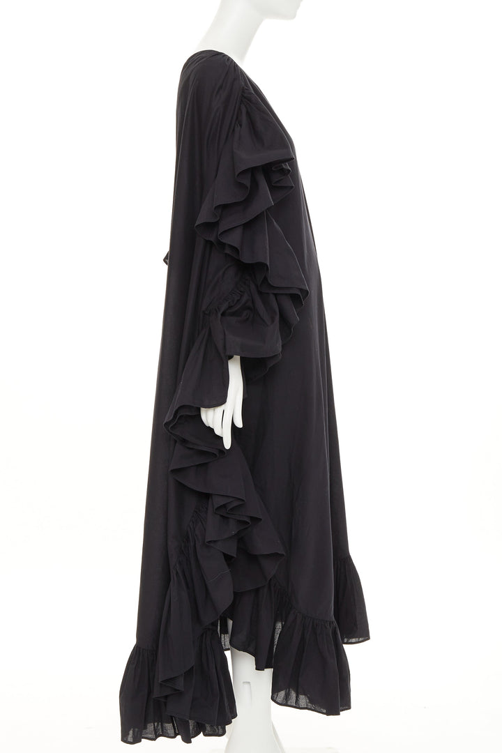 KALITA Evanthie black asymmetric one shoulder ruffled cotton dress S