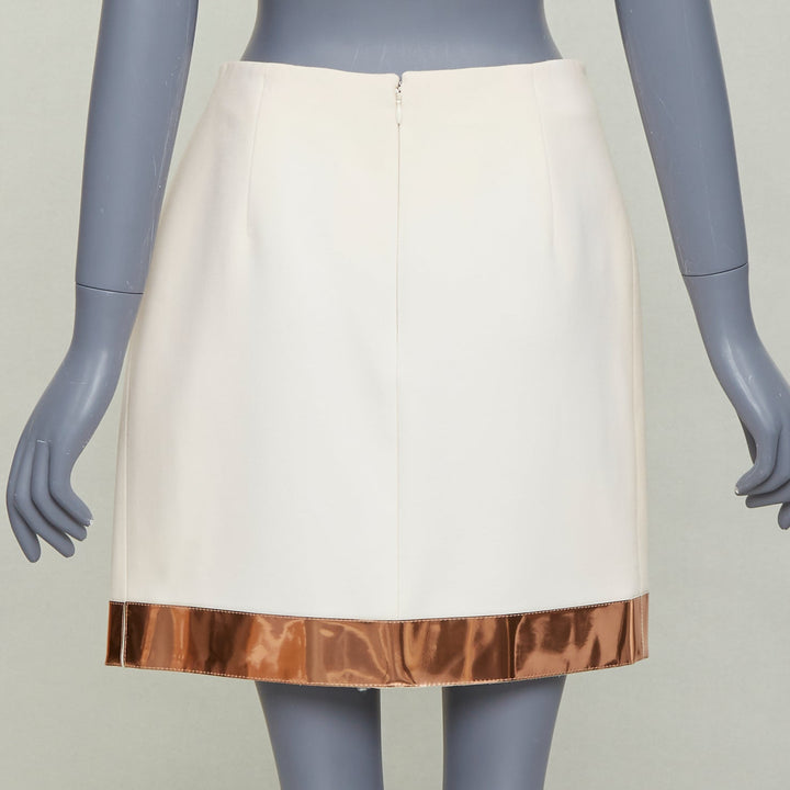 MUGLER cream virgin wool metallic copper PVC edge tulip skirt FR38 M