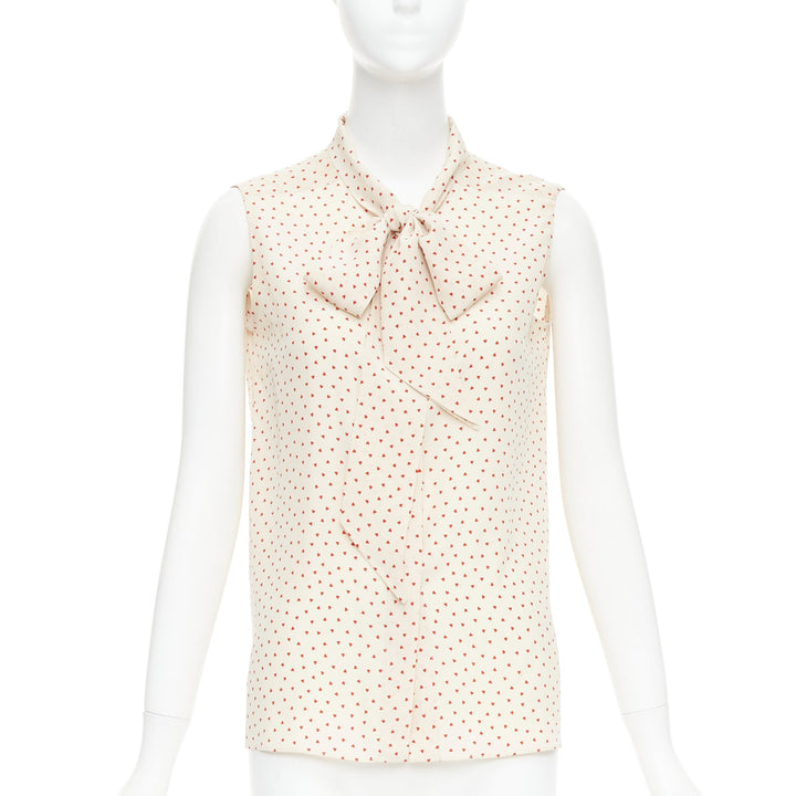 OLD CELINE Phoebe Philo cream red micro heart pussy bow neck tie blouse FR36 S
