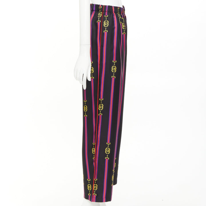 GUCCI Garden 100% silk black purple yellow equestrian GG buckle pajama pants XS