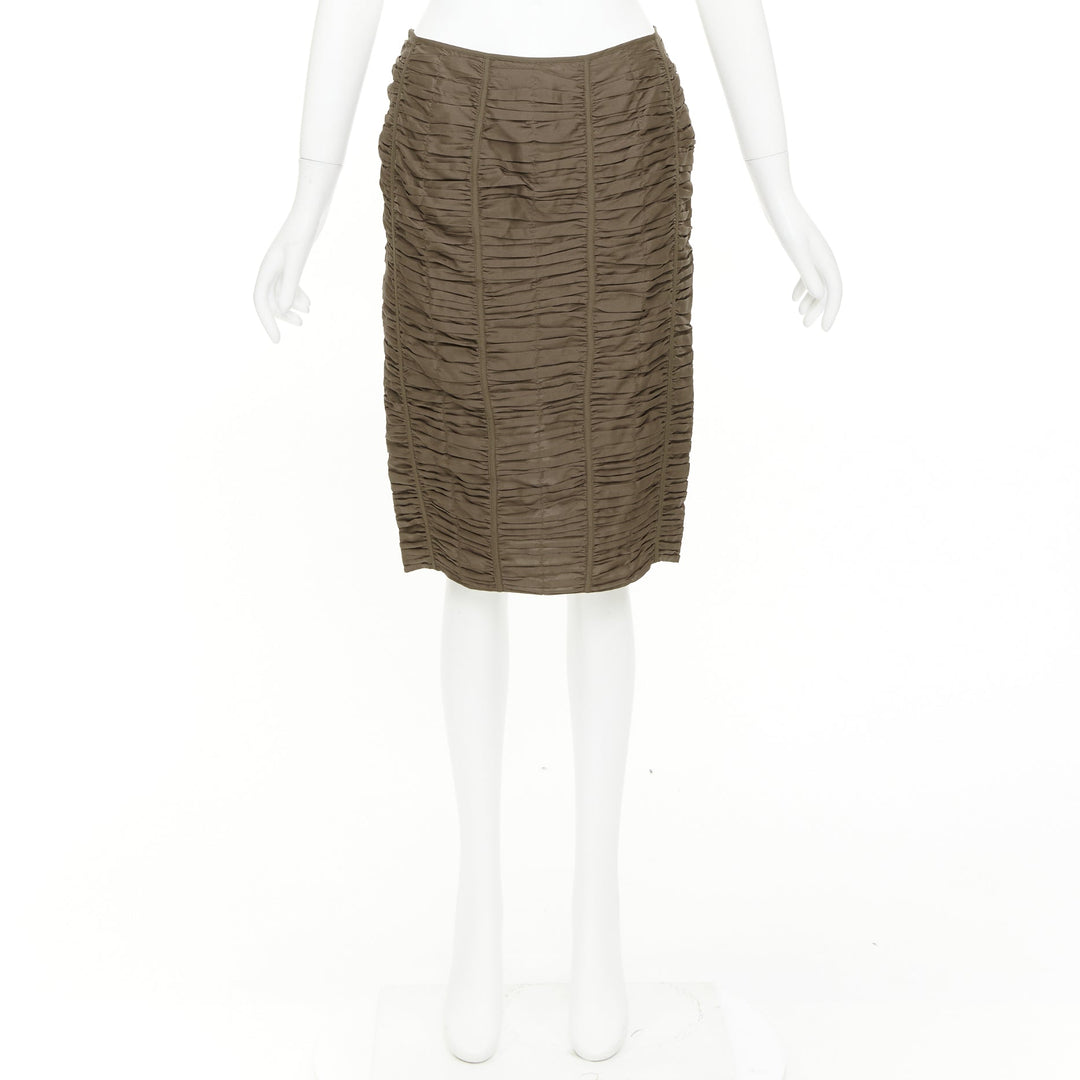 GUCCI 2001 Runway Tom Ford brown 100% silk ruched silk panel pencil skirt IT40 S