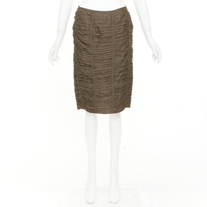 GUCCI 2001 Runway Tom Ford brown 100% silk ruched silk panel pencil skirt IT40 S