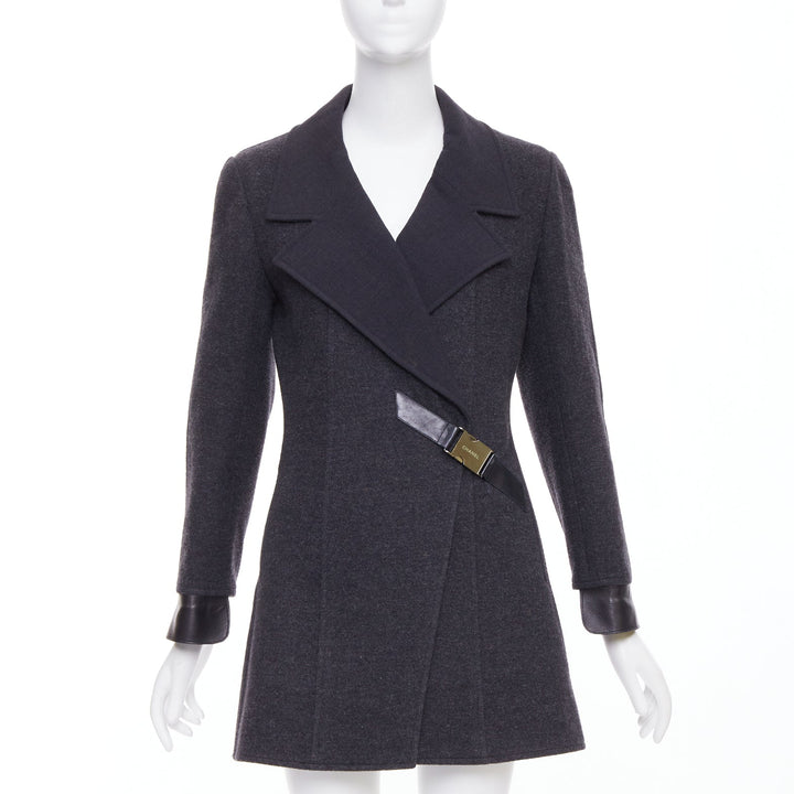 CHANEL 00A dark grey wool blend logo metal buckle asymmetric coat FR38 M