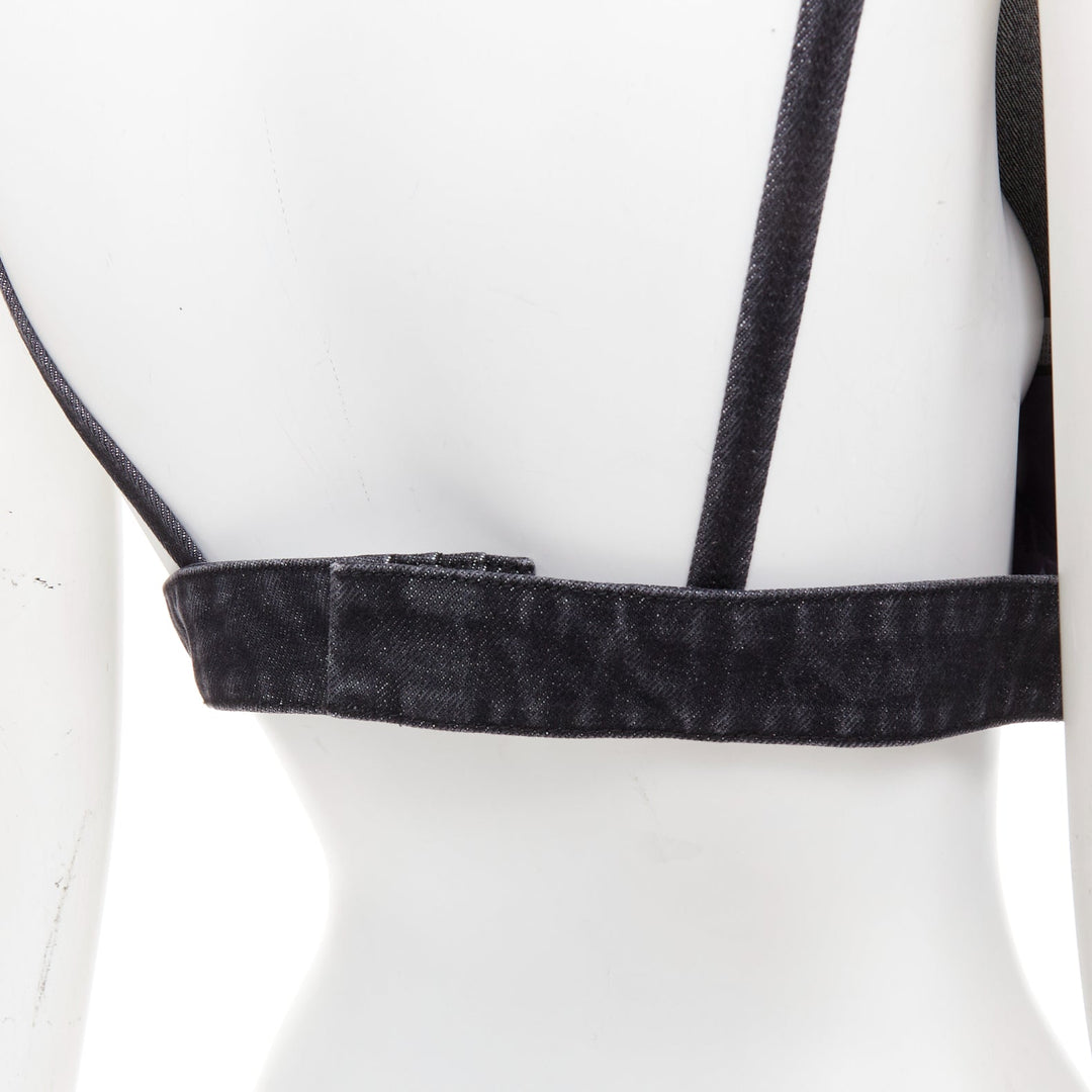PRADA 2022 dark grey denim black triangle logo plaque bralette crop top IT40 S