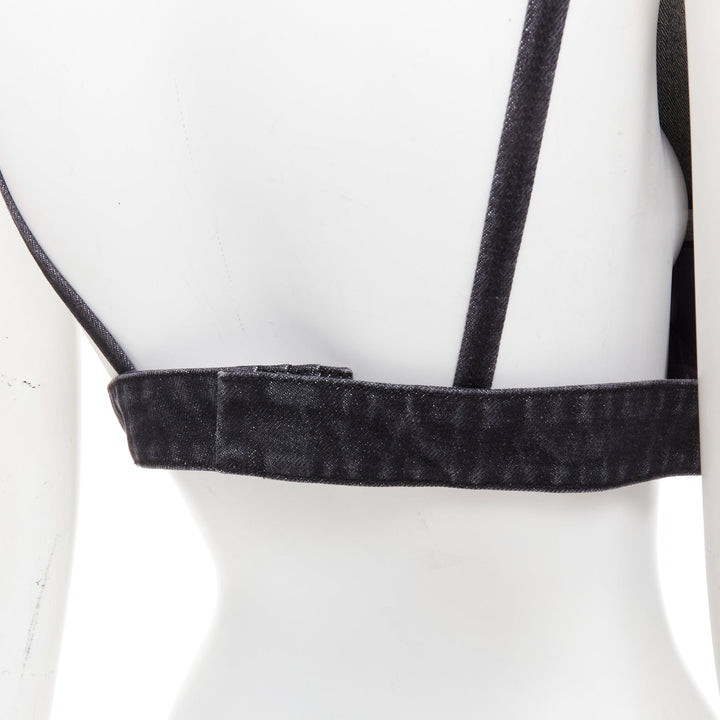 PRADA 2022 dark grey denim black triangle logo plaque bralette crop top IT42 M
