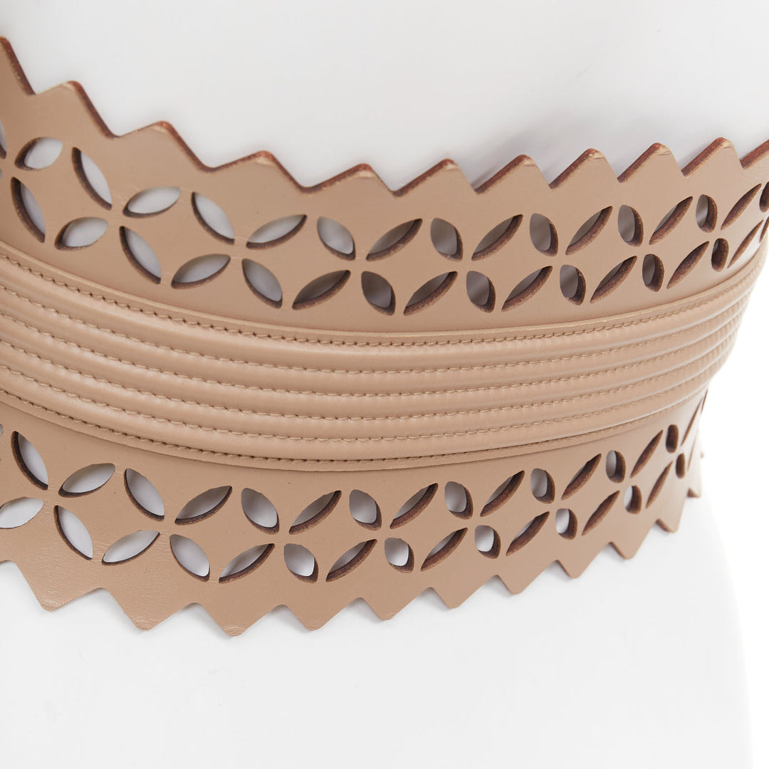 ALAIA  Vienne nude leather laser cut detail cinched corset wide belt 65cm