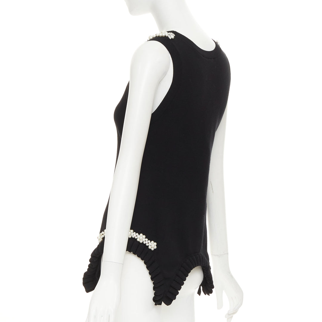 SIMONE ROCHA black knit pearl crystal embellished ruffled sweater vest M