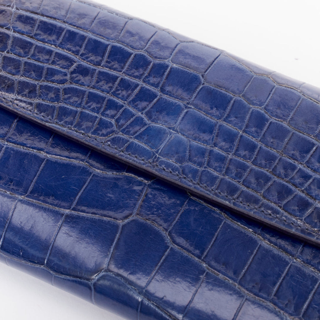 BOTTEGA VENETA blue black ombre genuine scaled leather long flap wallet