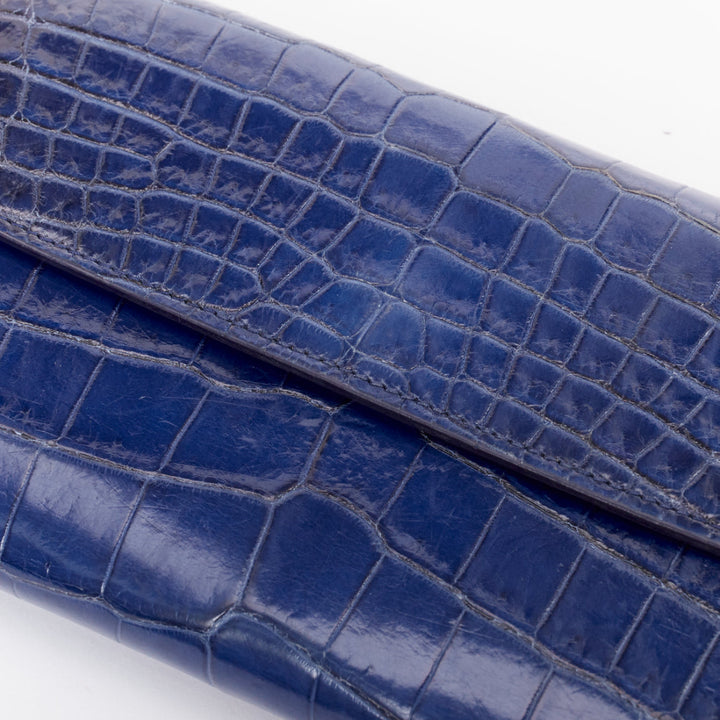 BOTTEGA VENETA blue black ombre genuine scaled leather long flap wallet