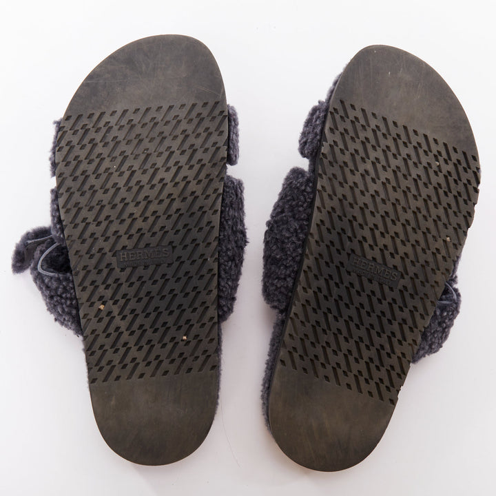 HERMES Chypre grey shearling H adjustable strap techno sandal EU41