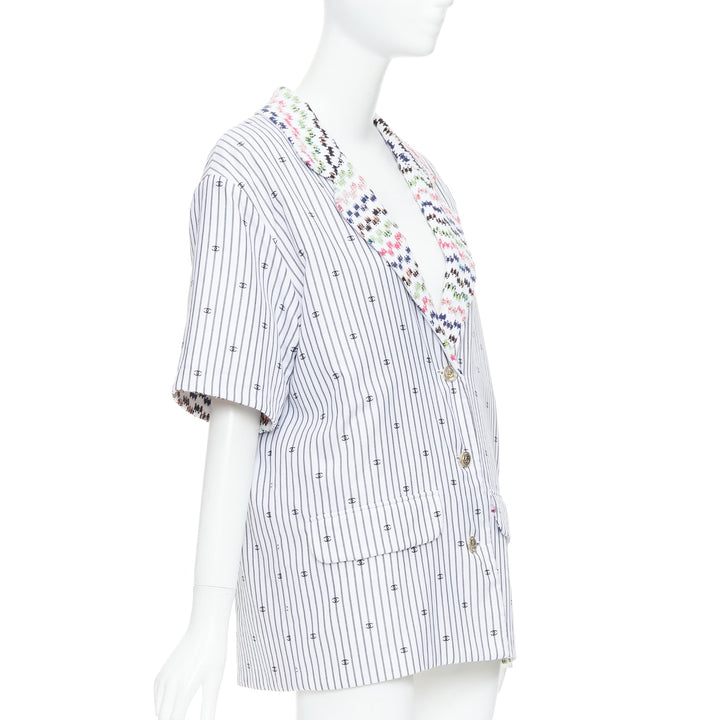 CHANEL 2021 multicolor tweed white CC logo stripe short sleeve jacket FR38 M