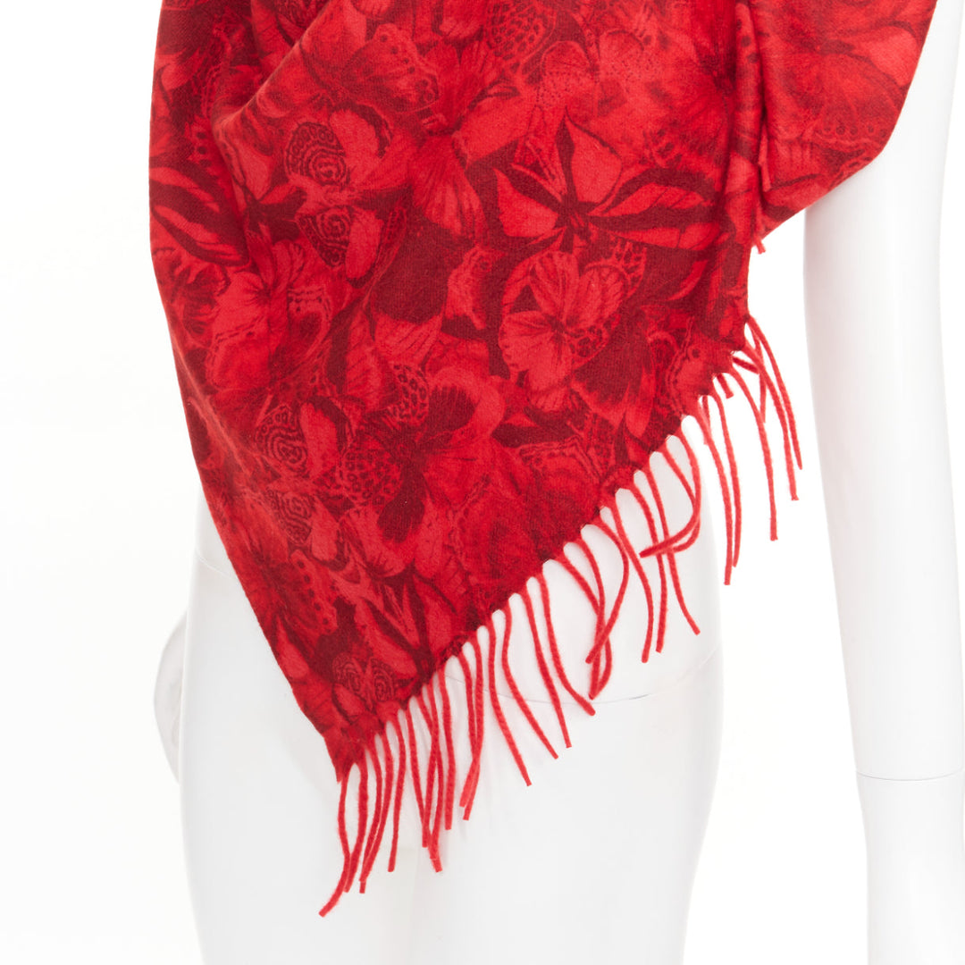 VALENTINO Camubutterfly 100% cashmere red butterfly floral print fringed scarf