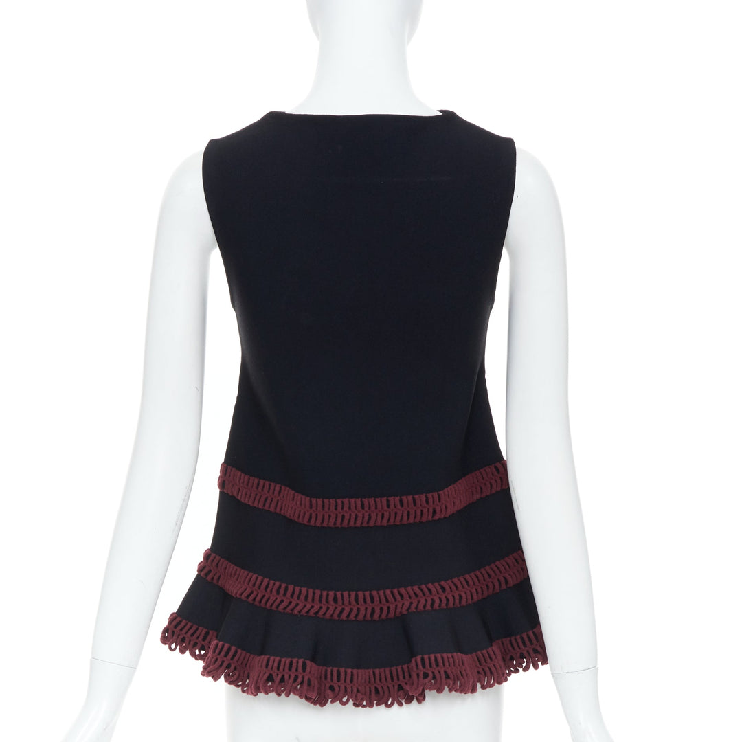ALAIA burgundy openwork crochet tiered ruffle viscose blend peplum top FR36 S