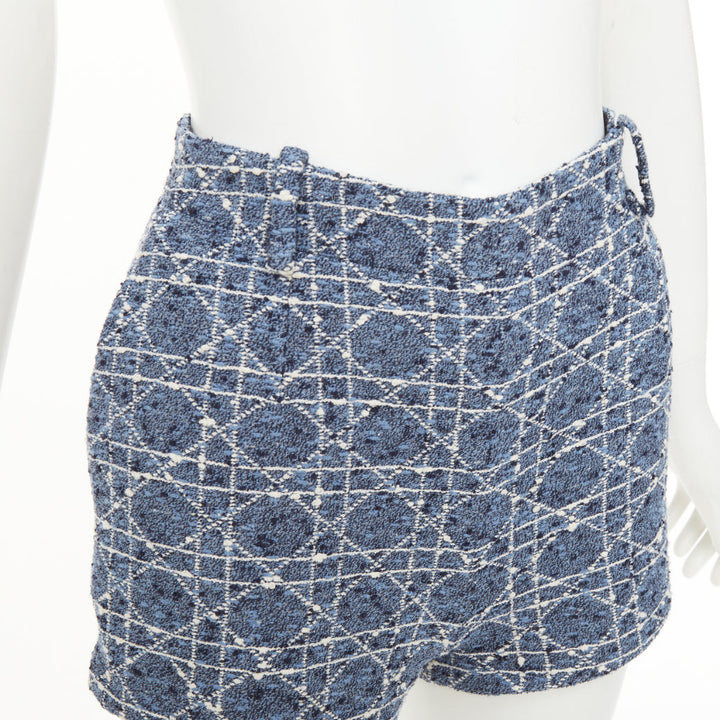 DIOR 2025 Macrocannage sky blue white cotton blend tweed woven shorts FR34 XS