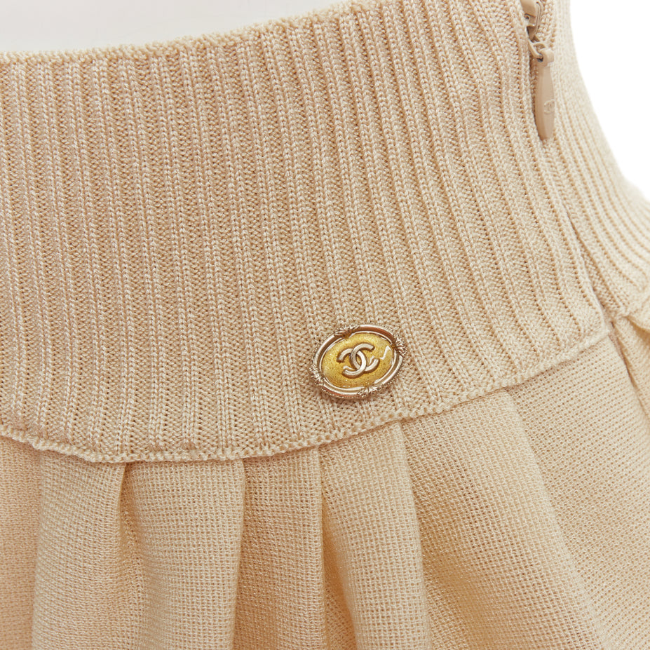 CHANEL light beige gold CC logo button flared skater skirt FR40 L