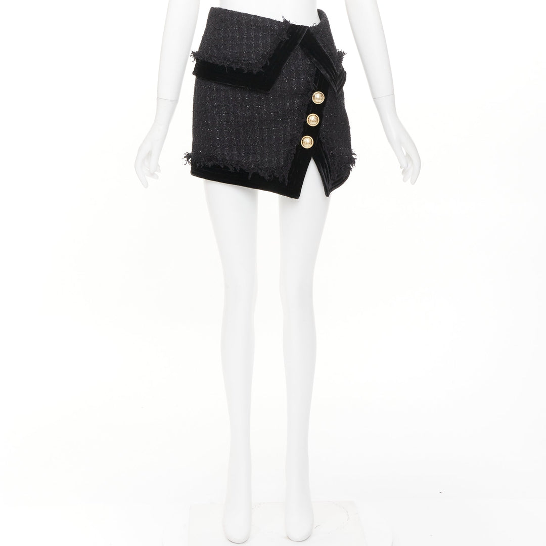 BALMAIN black cotton blend metallic tweed gold buttons foldover skirt FR34 XS