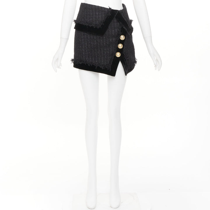 BALMAIN black cotton blend metallic tweed gold buttons foldover skirt FR34 XS