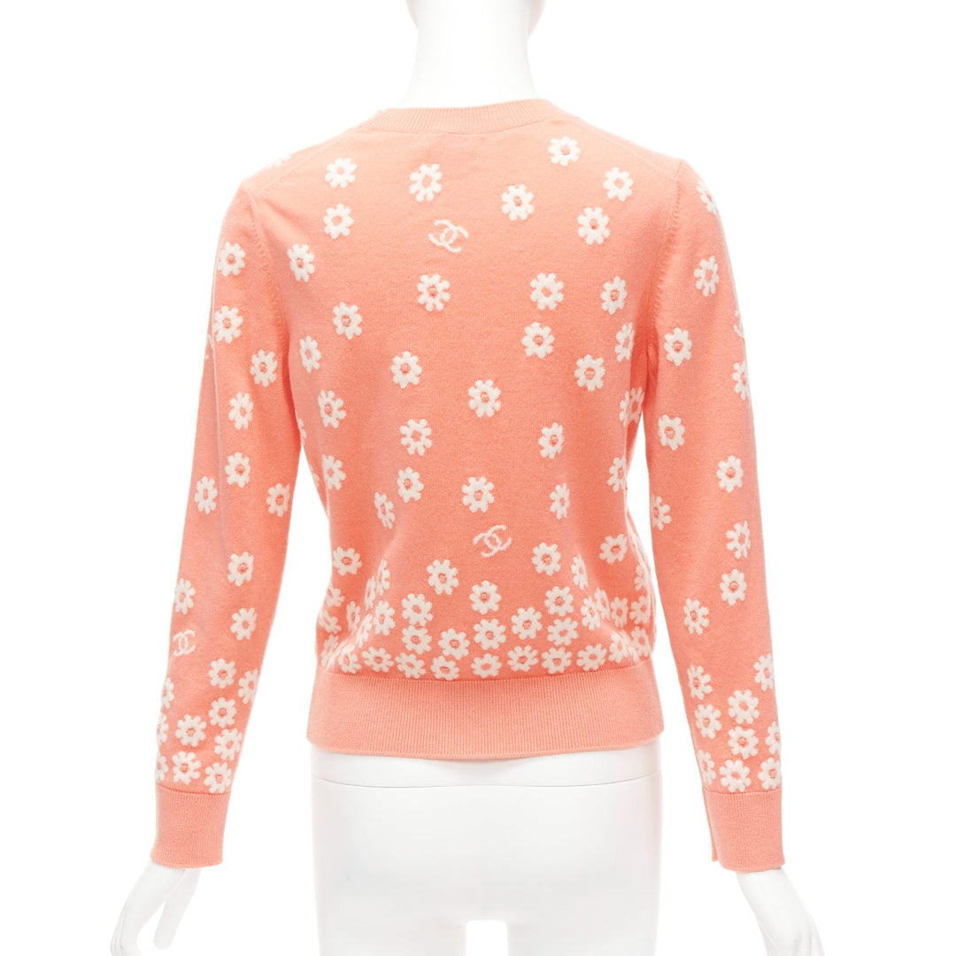 CHANEL 22P peach cashmere blend floral CC knitted pullover sweater FR34