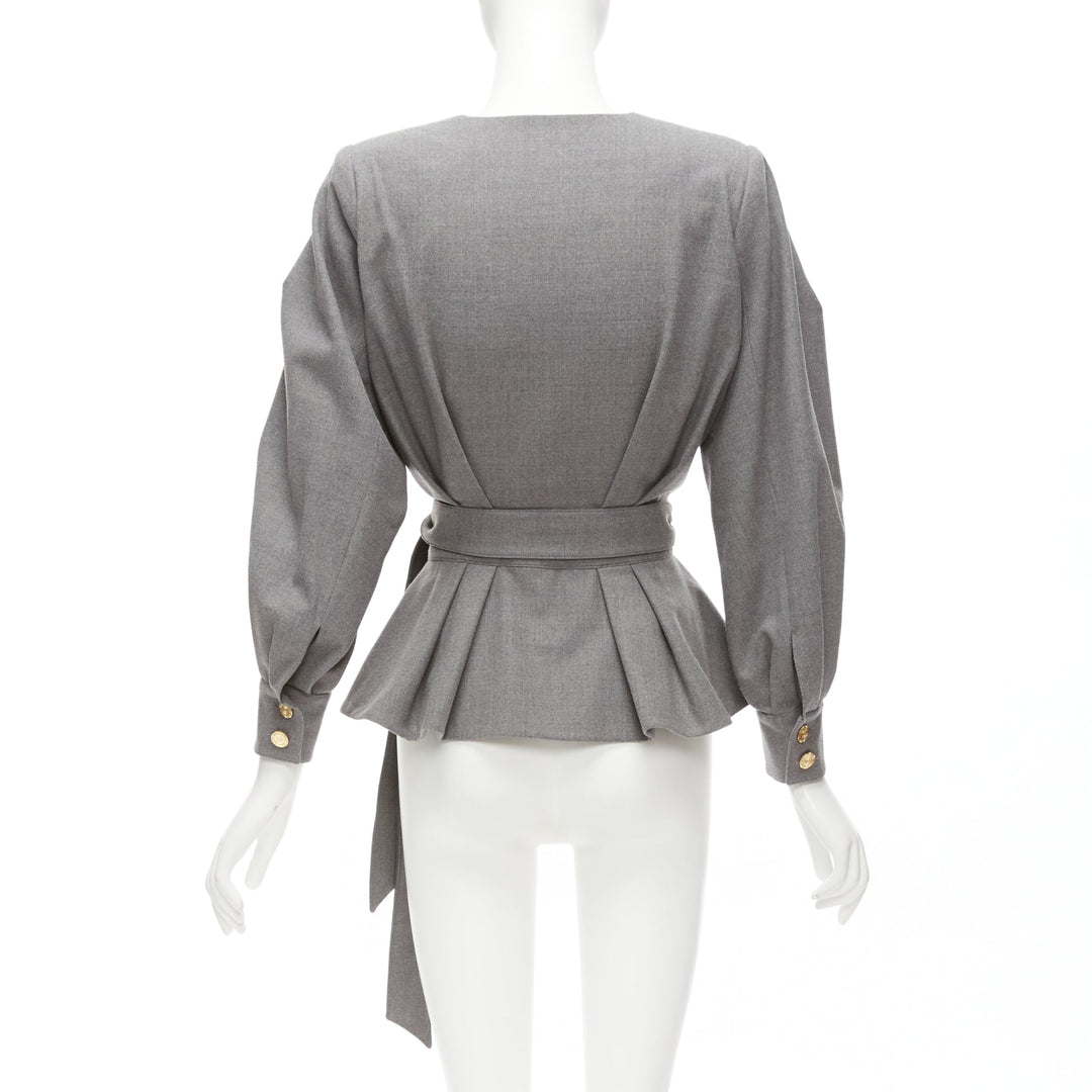 ALEXANDRE VAUTHIER grey wool blend shoulder pads peplum belted blazer top FR36 S