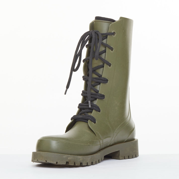 CHRISTIAN DIOR 2019 Runway Diorcamp matte khaki green rubber combat boots EU39