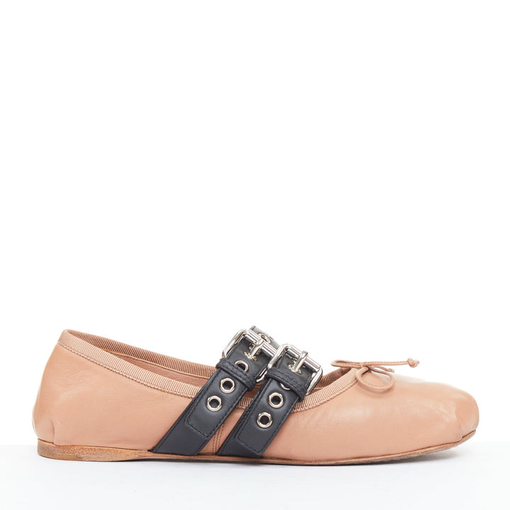 MIU MIU beige leather double black buckle punk strap ballet flats EU37.5
