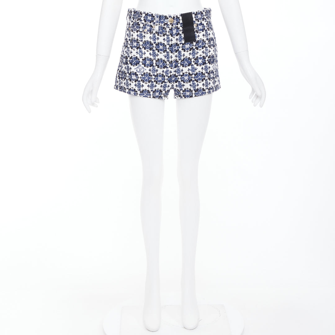 LOUIS VUITTON Flower Mosaic blue white logo floral print cotton shorts FR34 XS