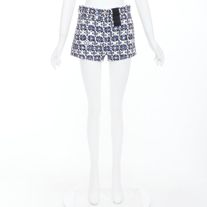 LOUIS VUITTON Flower Mosaic blue white logo floral print cotton shorts FR34 XS