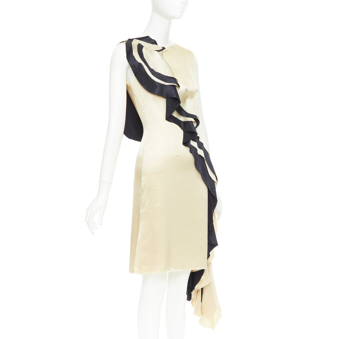 RODARTE 100%  silk champagne black cascade ruffle bias cut cocktail dress US2 S