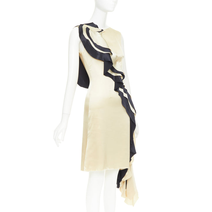 RODARTE 100%  silk champagne black cascade ruffle bias cut cocktail dress US2 S