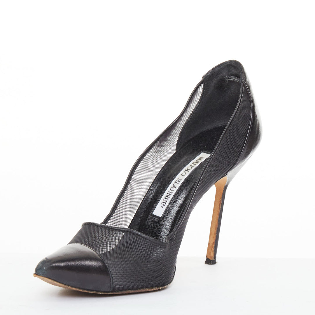 MANOLO BLAHNIK Capcour 90 black sheer mesh leather cap toe stiletto pumps EU37